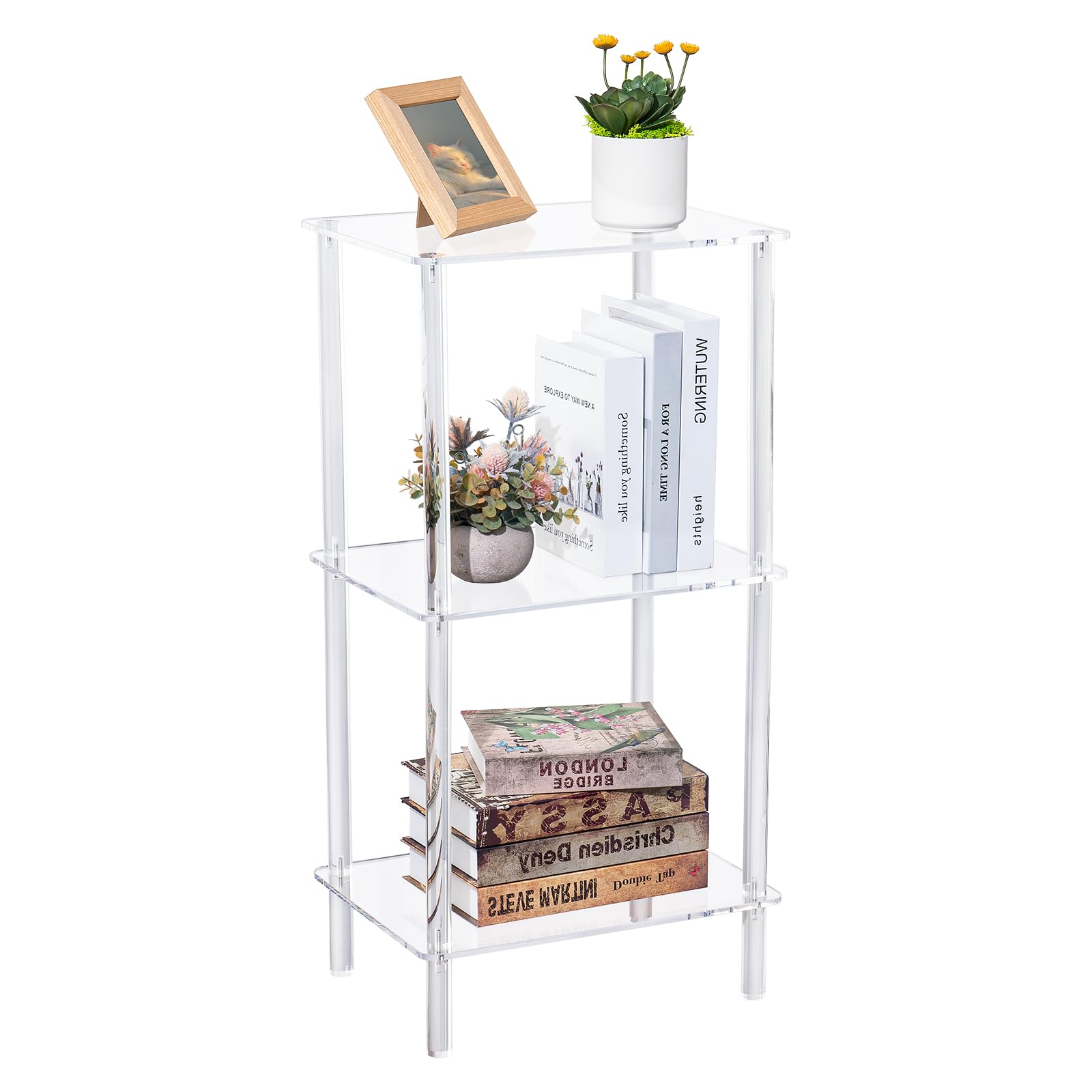 Acrylic Bookcase for Small Spaces, 3 Tier Clear Bookshelf for Bedroom, Bathroom, Living Room, Multipurpose Shelving Unit for Collectibles, Plants, Display, 15.7'' L x 11.8'' W x 30.7'' H