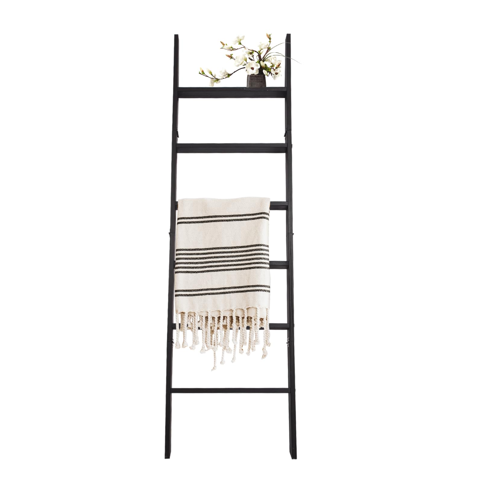 HYBDAMAI Blanket Ladder, 6-Tier Wooden Quilt Stand, Decorative Ladder Shelf, Leaning Shelf, Wall Leaning Blanket Ladder Towel Storage Rack for Living Room (Black)