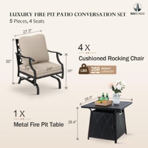 HERA'S HOUSE 5 Pieces Patio Furniture Set with Fire Pit Table, 4 x Thick Cushioned Rocking Chairs, 1 x 28 Fire Pit Table (50,000 BTU), Outdoor Conversation Set for Garden, Backyard, Lawn