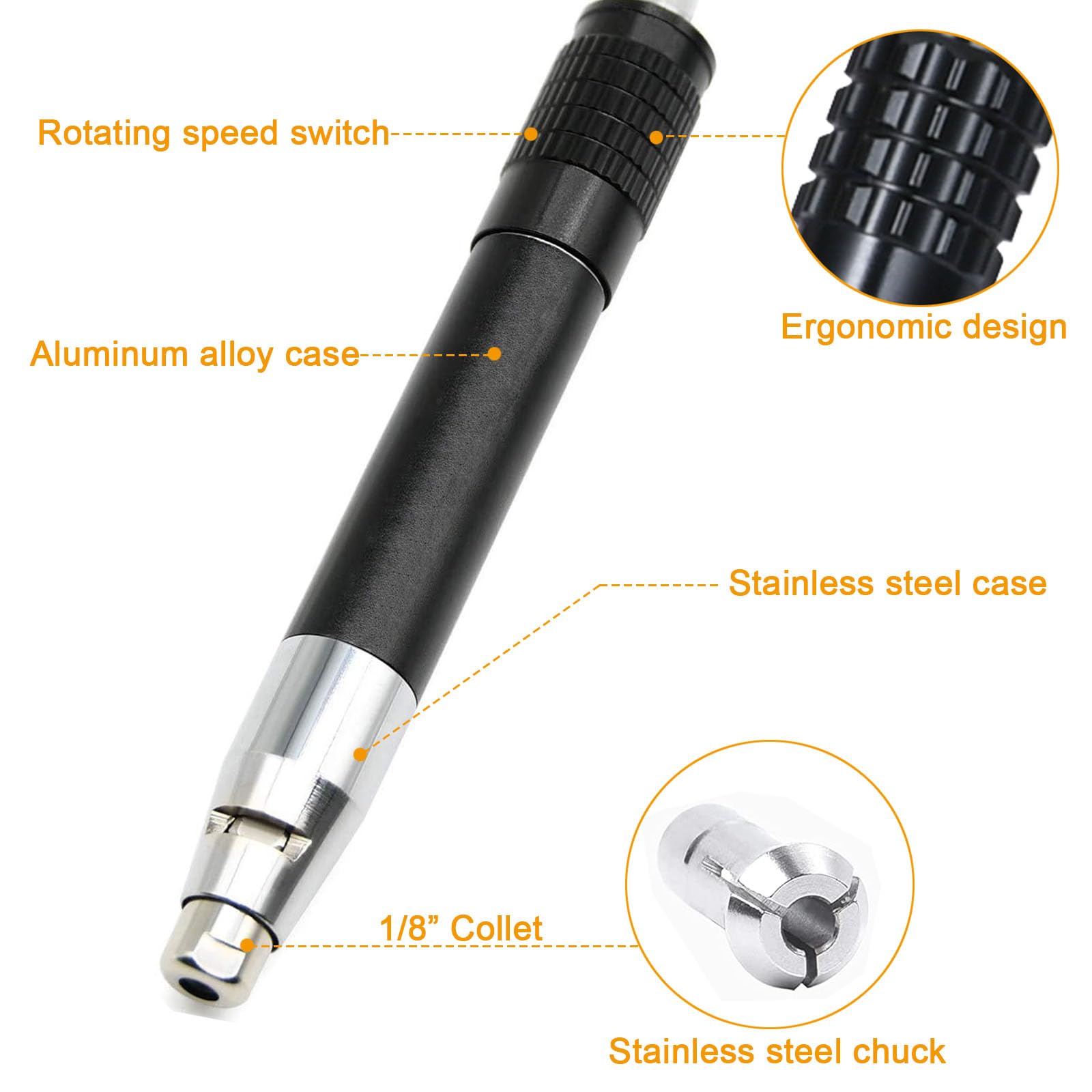 Micro Air Die Grinder, 1/8” Mini Pencil Style Pneumatic Tool, 65000 RPM