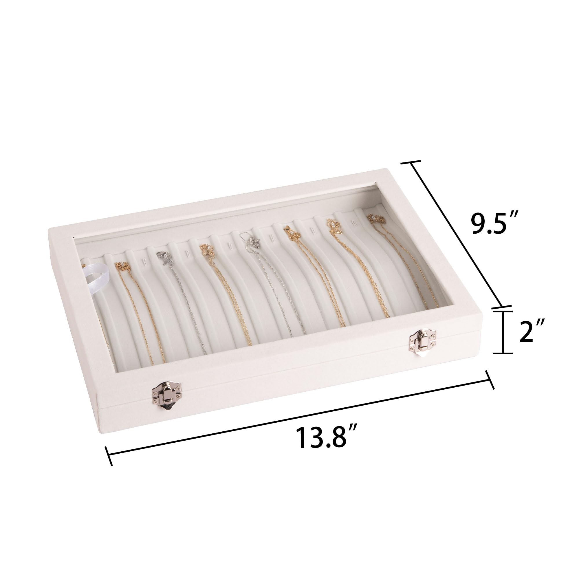 Frebeauty 15 Hooks Necklace Tray Velvet Neckalce Organizer with Clear Lid Lockable Necklace Holder Box Jewelry Organizer for Pendants Chains Necklace Jeweley Tray for Women Girls(Beige)