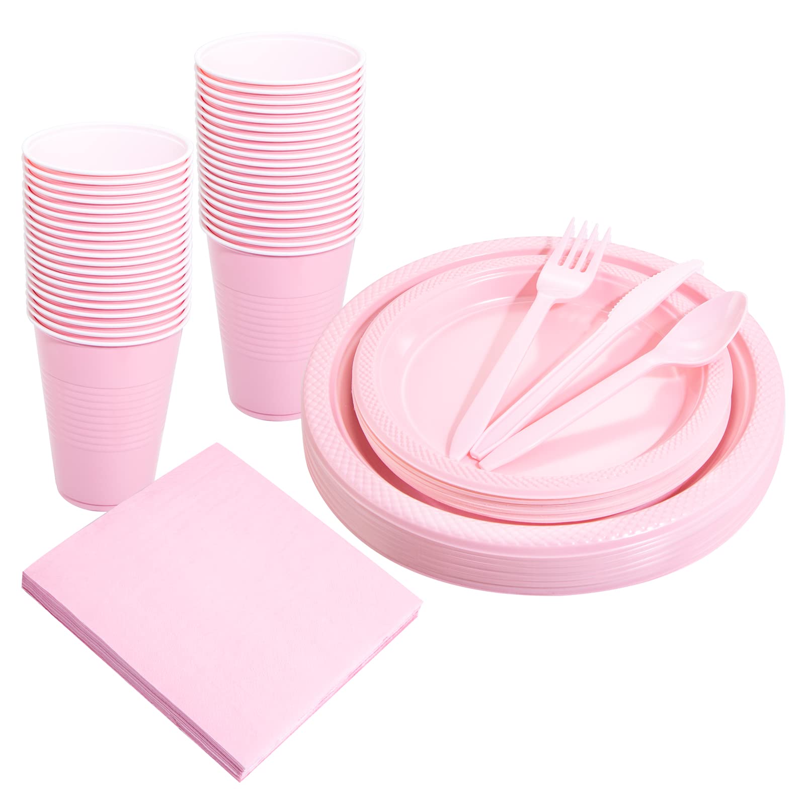 WELLIFE 210 Pieces Pink Party Supplies, Disposable Dinnerware Set, Including Pink Plastic Plates, 12OZ Pink Cups, Pink Plastic Cutlery and Paper Napkins Serve 30 Guests for Party