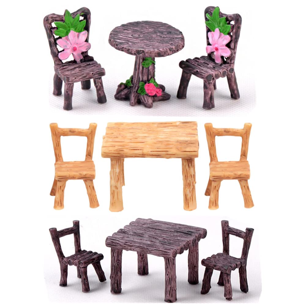 9 Pcs Miniature Table and Chairs Set Fairy Garden Furniture Ornaments Kit for Dollhouse Accessories Home Micro Landscape Decoration Brown