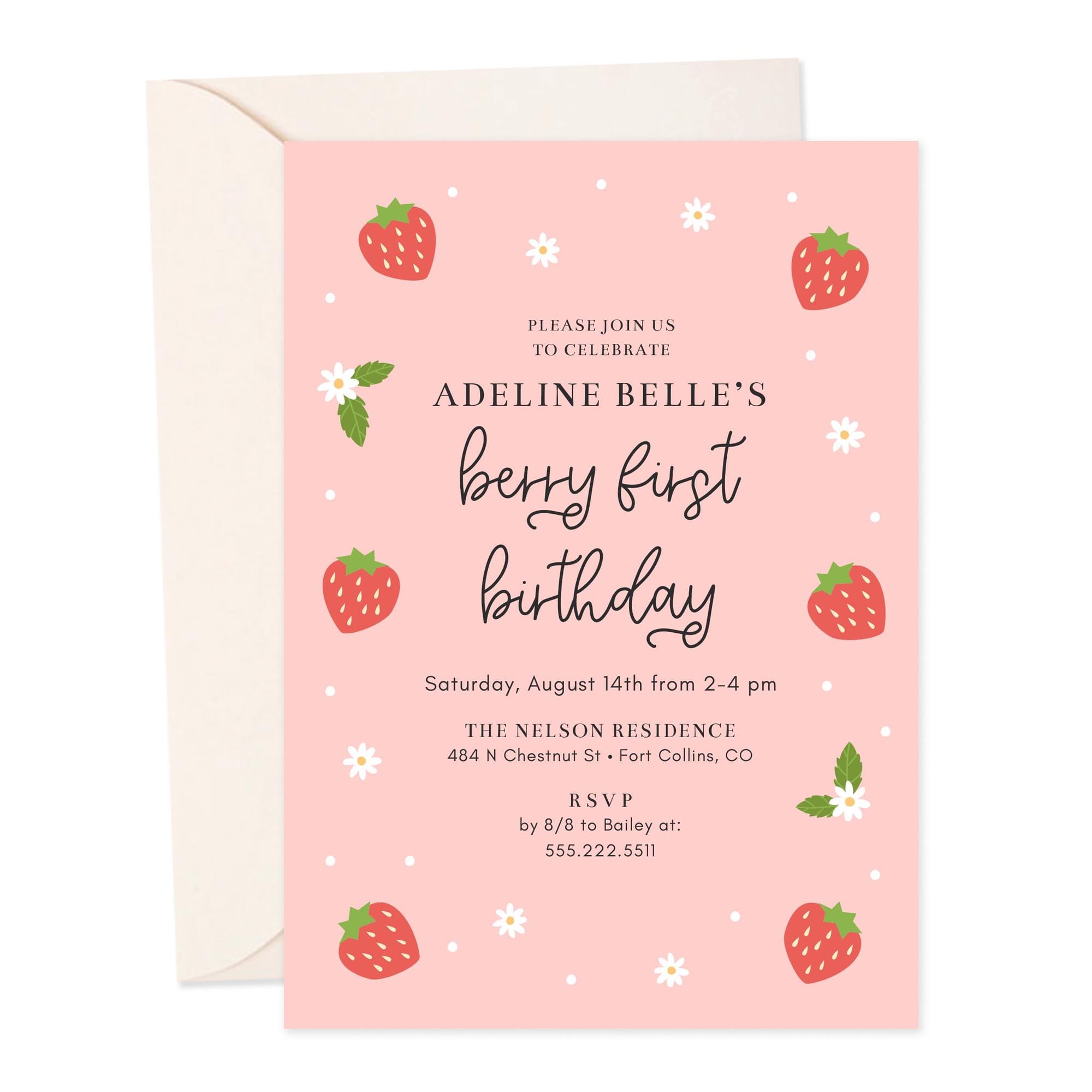 Hello Love Goods Berry First Birthday Party Invitations, 4.25x5.5 or 5x7 Personalized Strawberry 1st Birthday Invites with Envelopes