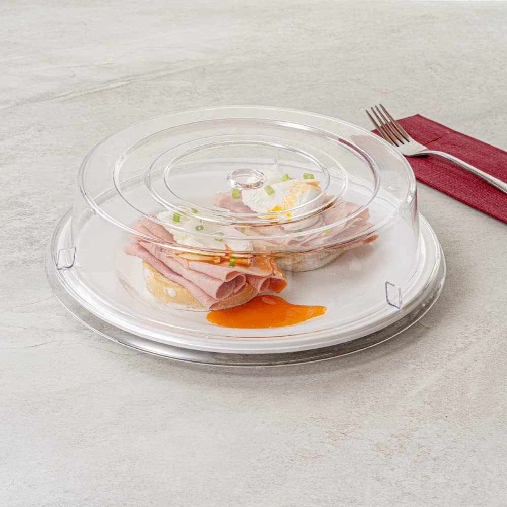 Restaurantware Cater Tek 11 Inch Polycarbonate Plate Cover 1 Shatterproof Dish Cover - Microwavable Endures Up To 210F Clear Plastic Splatter Cover With Finger Hole For 11 Inch Plates