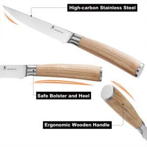 kangdelun Natura Series 4.5” Serrated Steak Knife Set of 6, High Carbon Stainless Steel, Wooden Handle