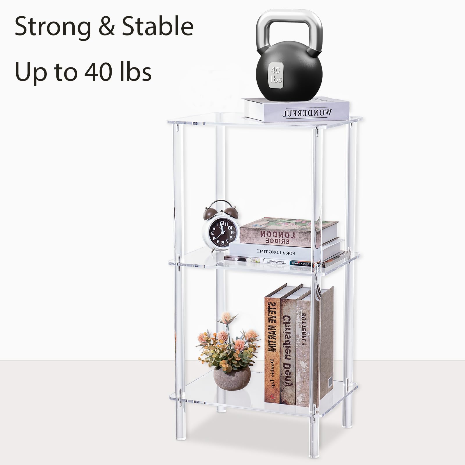 Acrylic Bookcase for Small Spaces, 3 Tier Clear Bookshelf for Bedroom, Bathroom, Living Room, Multipurpose Shelving Unit for Collectibles, Plants, Display, 15.7'' L x 11.8'' W x 30.7'' H