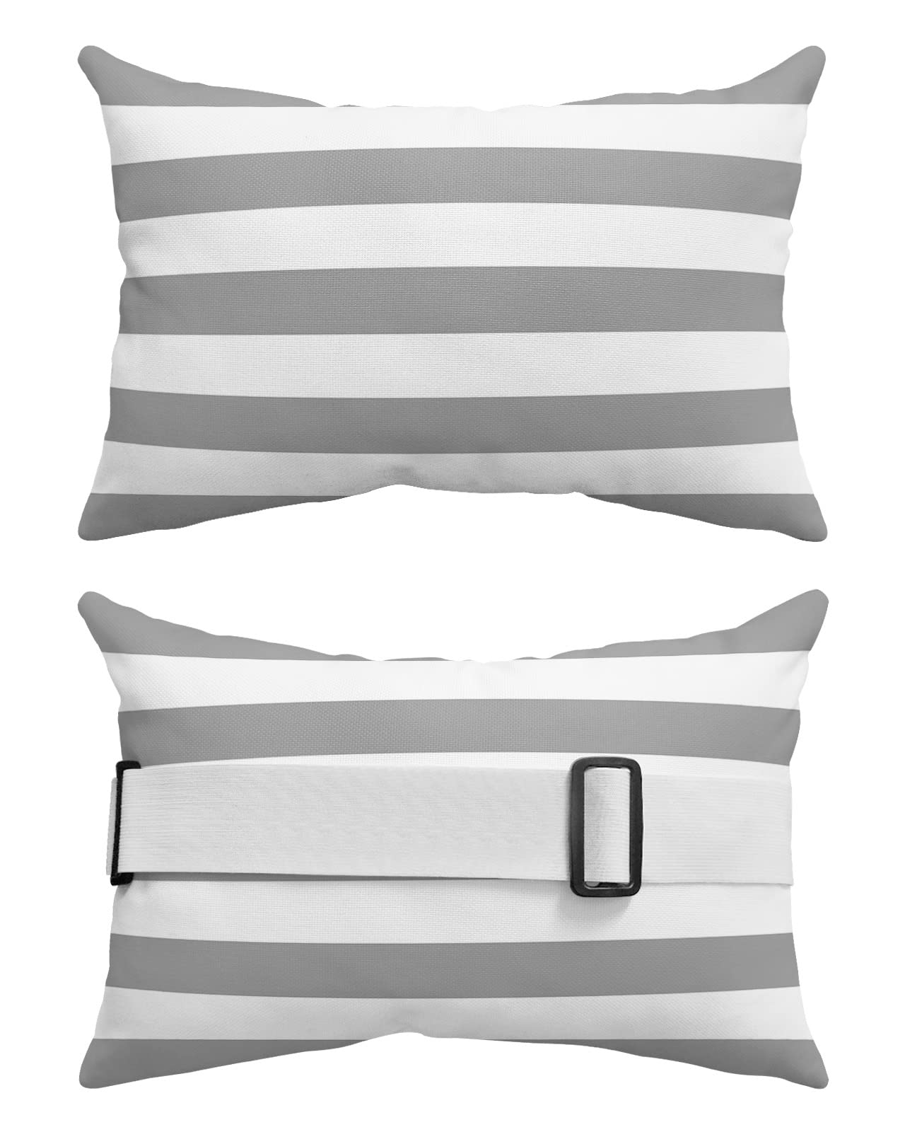 T&H XHome Outdoor Pillow for Chaise Lounge Chair, Gray and White Stripe Waterproof Headrest Pillow Lumbar Pillows with Adjustable Elastic Strap for Beach, Poolside, Patio, Office (2 Pack)