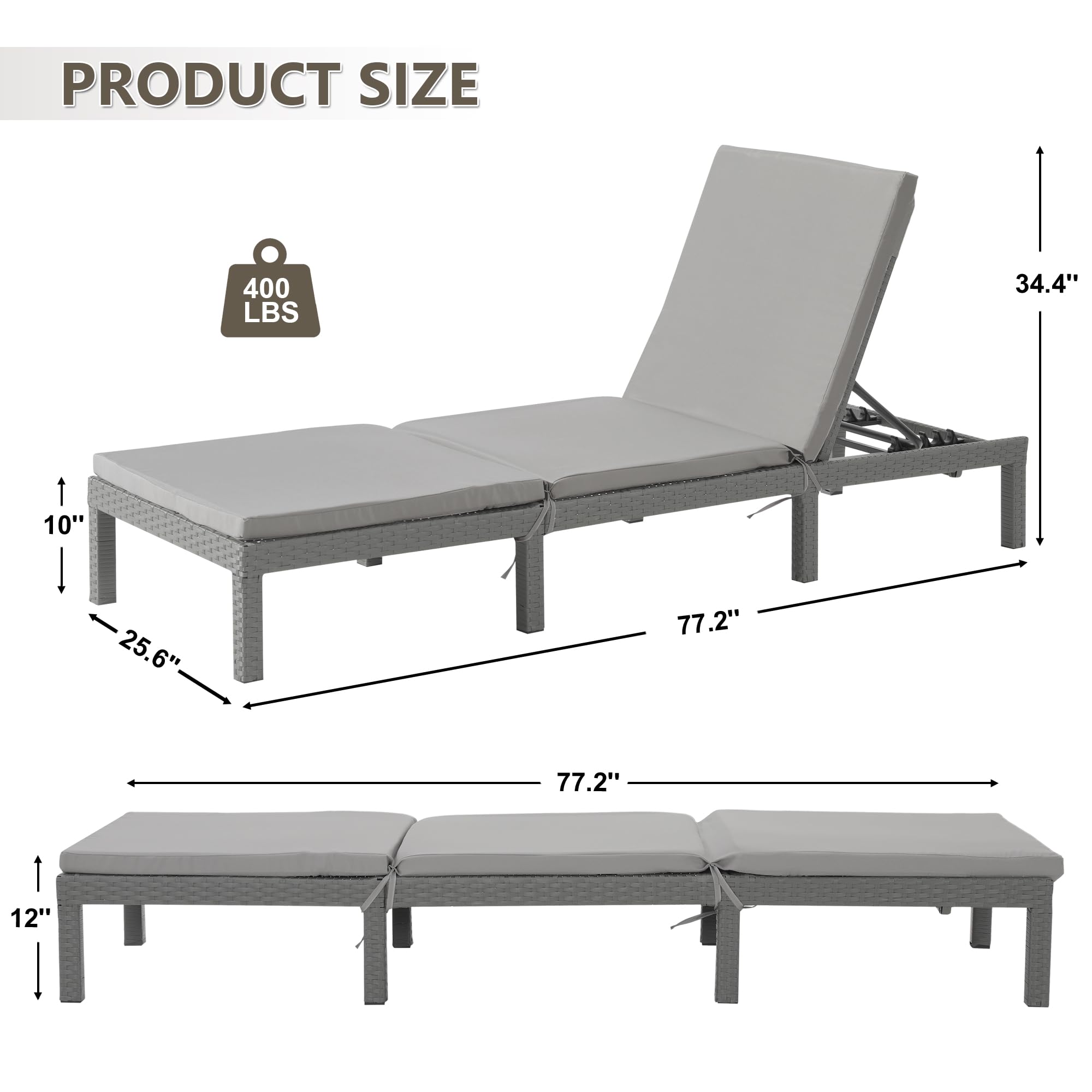 vonGarten Chaise Lounge Ourdoor,Tanning Chair with 5 Adjustable Backrest, Patio Lounge Chair for Outside Poolside Beach Pool Grey