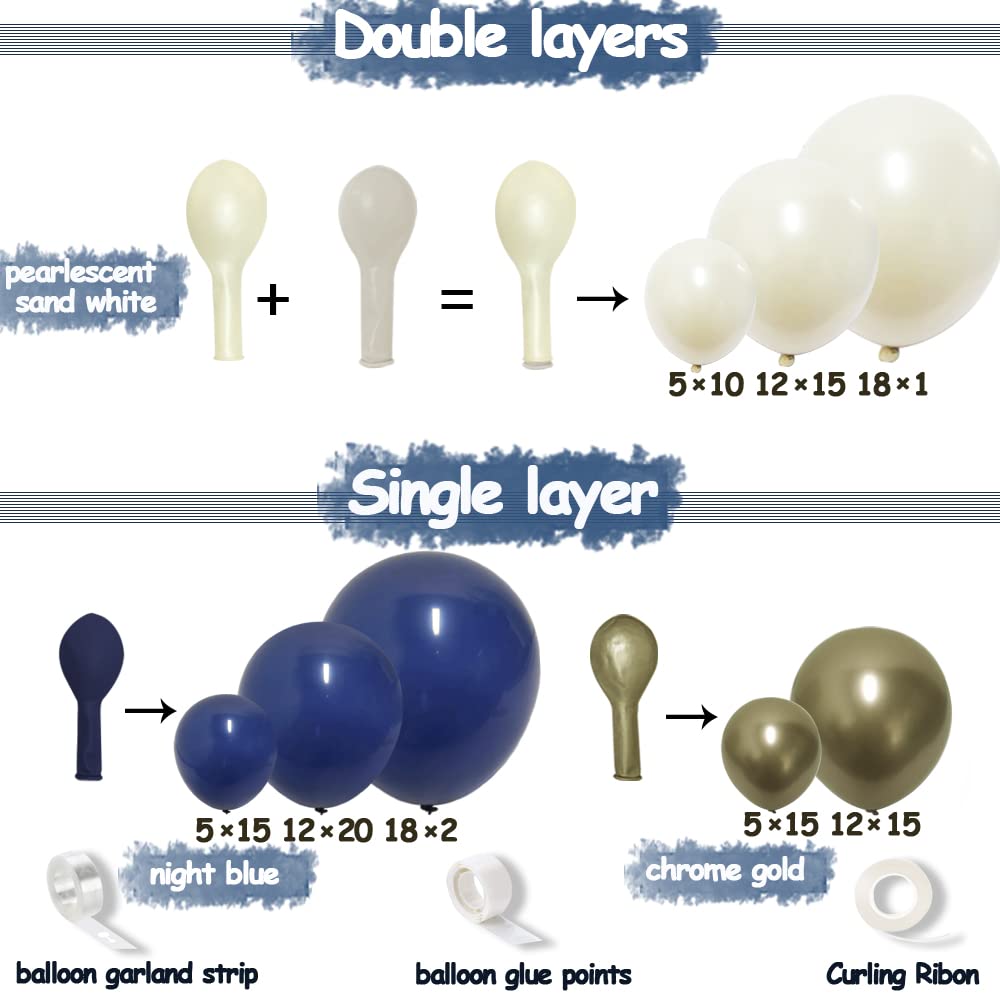 Navy Blue Balloon Garland Double Stuffed Pearl White Royal Blue Balloon Dark Blue Gold Balloon arch Kit for Birthday Party Baby Shower Wedding Graduation Bridal Shower Decoration