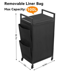 WOWLIVE Rolling Laundry Hamper with Lid,Large Laundry Basket Organizer with Wheels,Iron-Made 100L Laundry Sorter with Removable Bag,Tall Dirty Clothes Hamper Dorm Room Storage for Bedroom (Black)