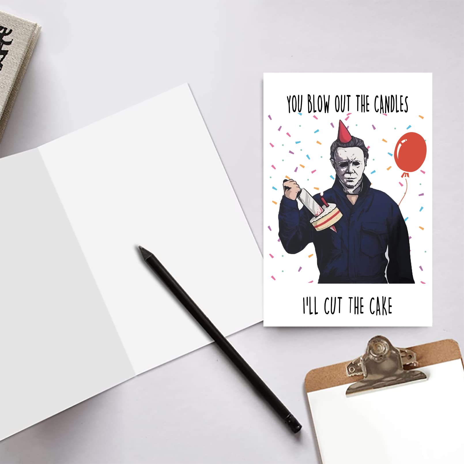 XXDJLP Horror Themed Birthday Cards Gifts for Men Women, Funny Halloween Michael Myers Birthday Card for Him Her, Creepy Killer Movie Bday Greeting Cards with Envelope