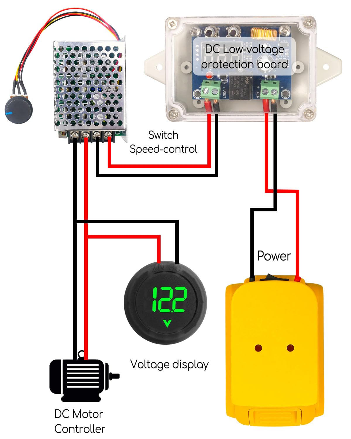 Power Wheel Battery Adapter Converter Kit Fit for DeWalt 18V 20V Battery, Speed Controller Kit, with Fuse and Wire Terminals & Protective Box & Voltage Display & Low Voltage Protection