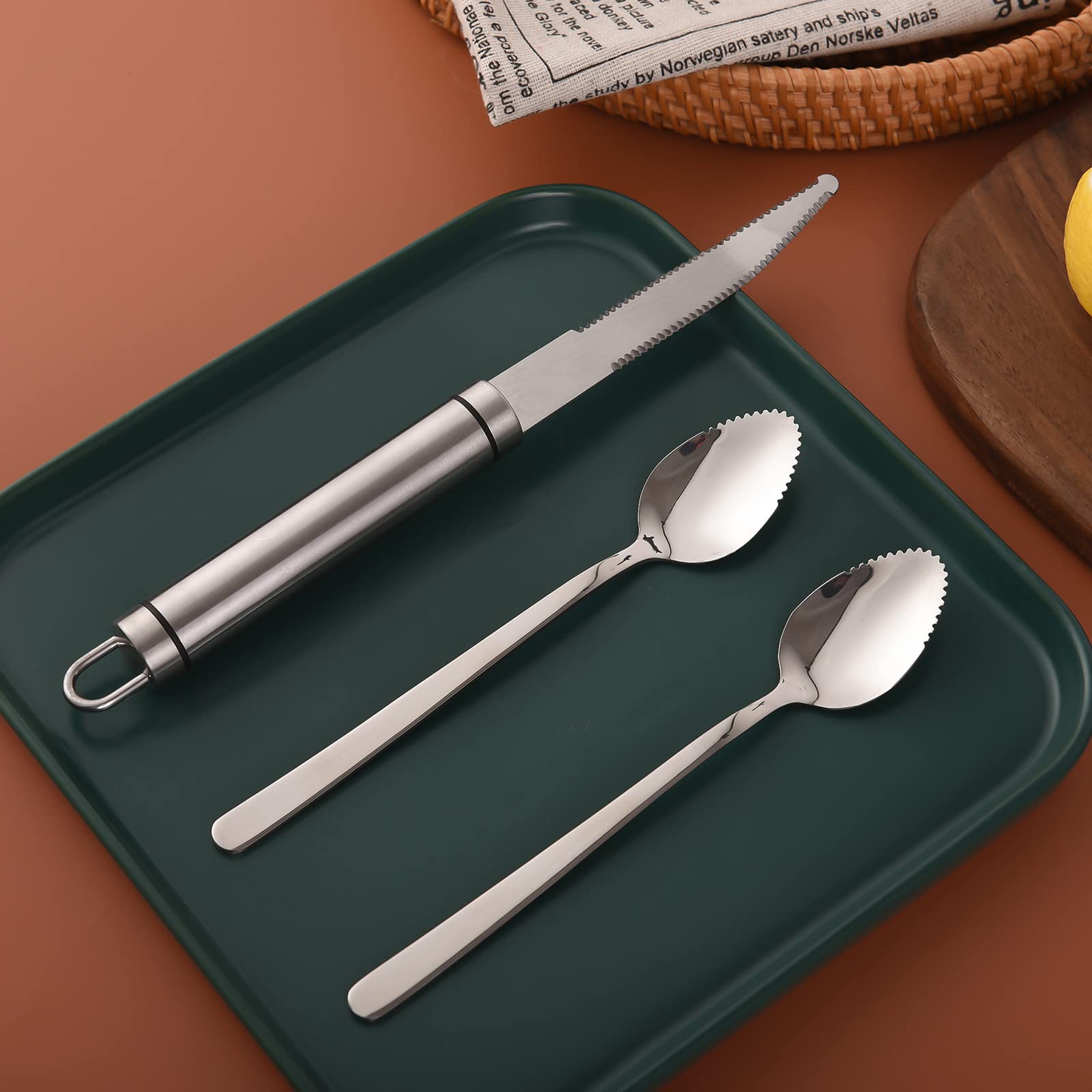 Grapefruit knife & Grapefruit Spoons, Grapefruit Utensil 3 Pieces Set, Stainless Steel Serrated Edges Grapefruit Knife and Spoon, Dishwasher Safe & Kitchen Utensils (Silver)