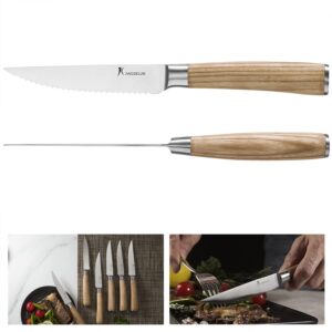 kangdelun Natura Series 4.5” Serrated Steak Knife Set of 6, High Carbon Stainless Steel, Wooden Handle