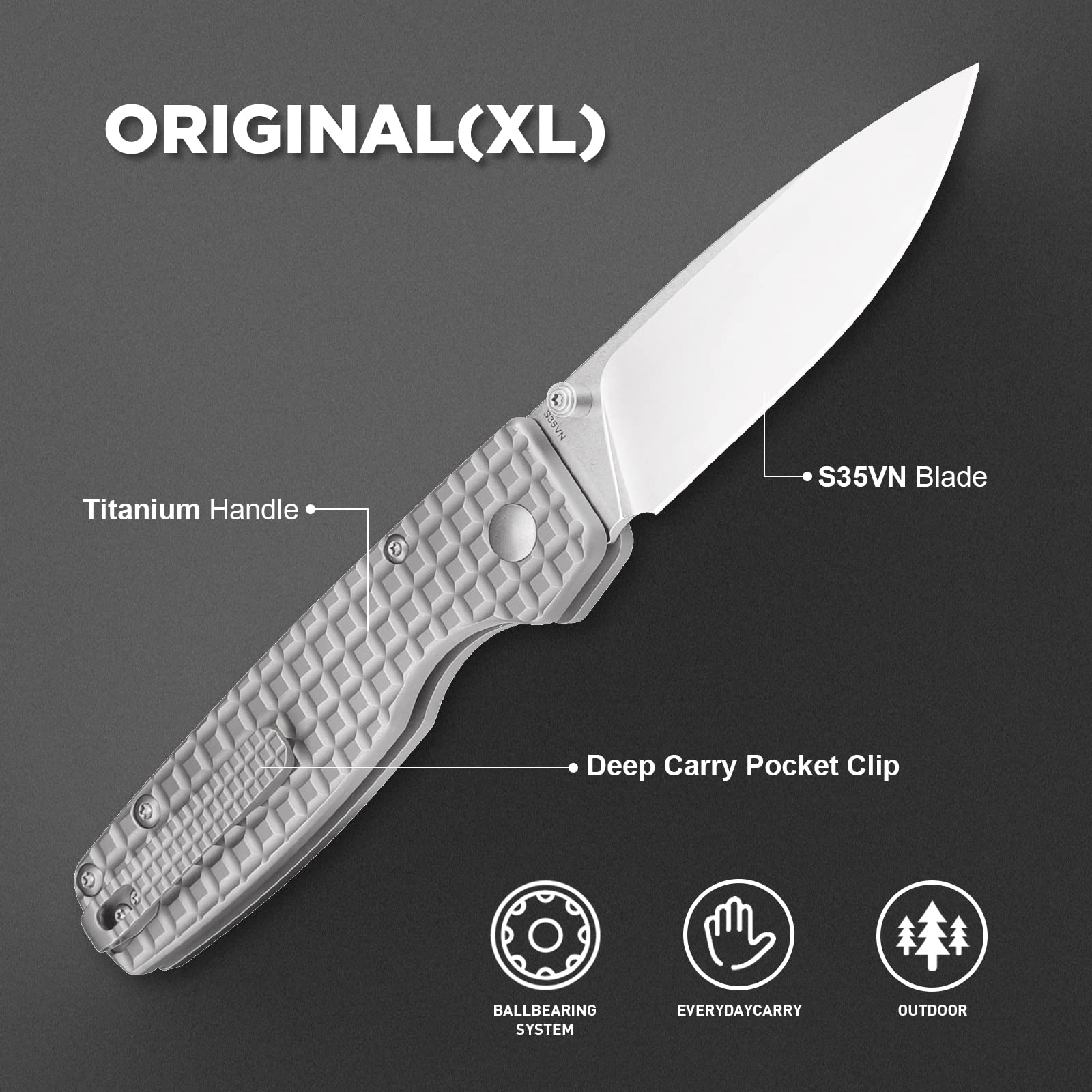 Kizer Original(XL) EDC Knife 3.27 Inches S35VN Steel Blade Folding Pocket Knife Titanium Handle Thumb Studs Opener Ki4605A1