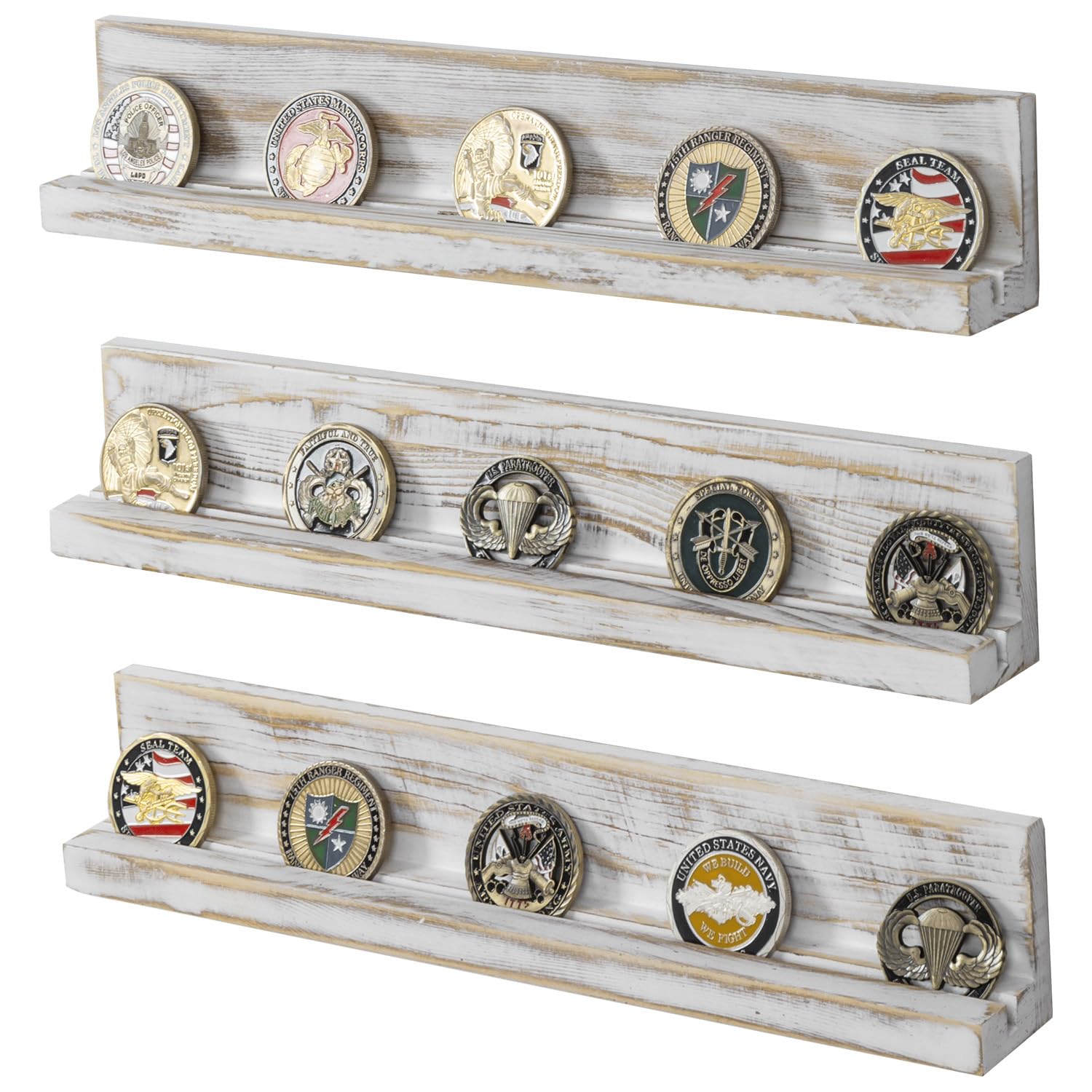 MyGift Wall Mounted White Washed Solid Wood Challenge Coin Holder, Casino Chip Collectors Display Rack, Single Row Military Coins Collection Shelf, Set of 3