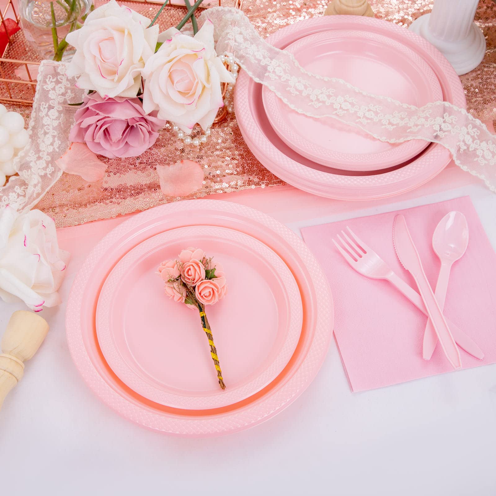 WELLIFE 210 Pieces Pink Party Supplies, Disposable Dinnerware Set, Including Pink Plastic Plates, 12OZ Pink Cups, Pink Plastic Cutlery and Paper Napkins Serve 30 Guests for Party