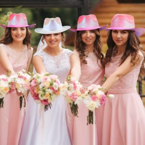 Yahenda 12 Pcs Bachelorette Cowgirl Hats Holographic Bride Cowboy Hat for Western Bachelorette Party Bride Bridesmaid Wedding (White, Pink)