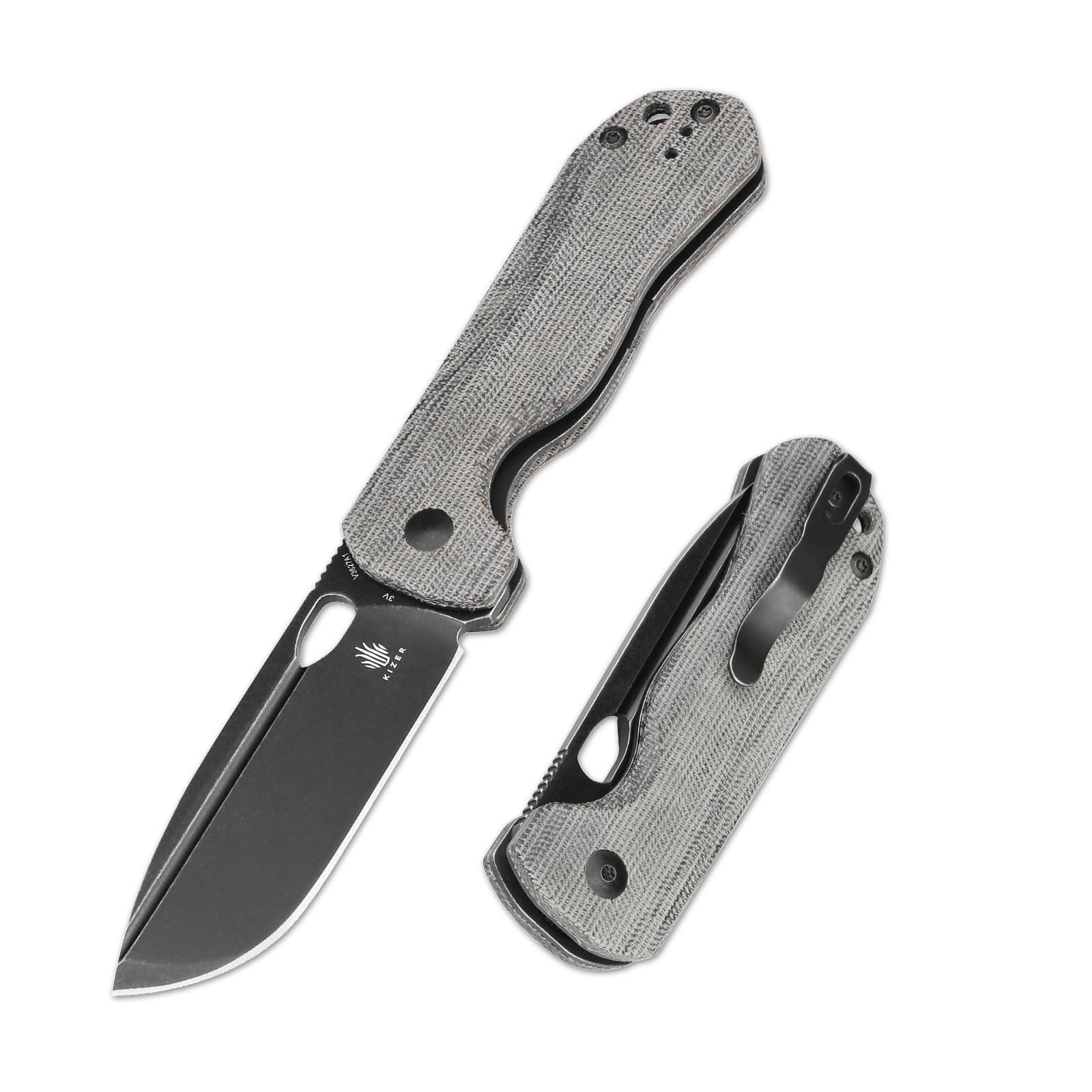 Kizer Bugai Pocket Knife 3.11 Inches Black Stonewash 3V Steel Blade Folding Knife Black Micarta Handle EDC Knife for Men Women Outdoor Camping Hunting Hiking Carving V3627A1