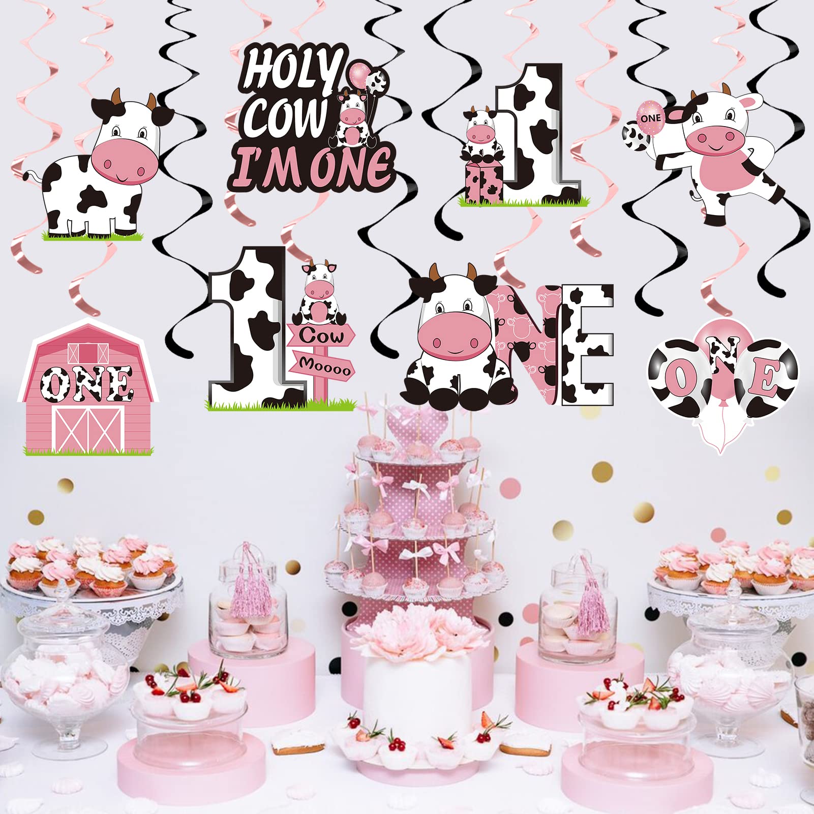 Holy Cow Im One Birthday Decorations Hanging Swirl for Baby Girl, Pink Cow First Birthday Foil Swirls Party Supplies, Baby 1st Bday Cow Theme Ceiling Hanging Sign