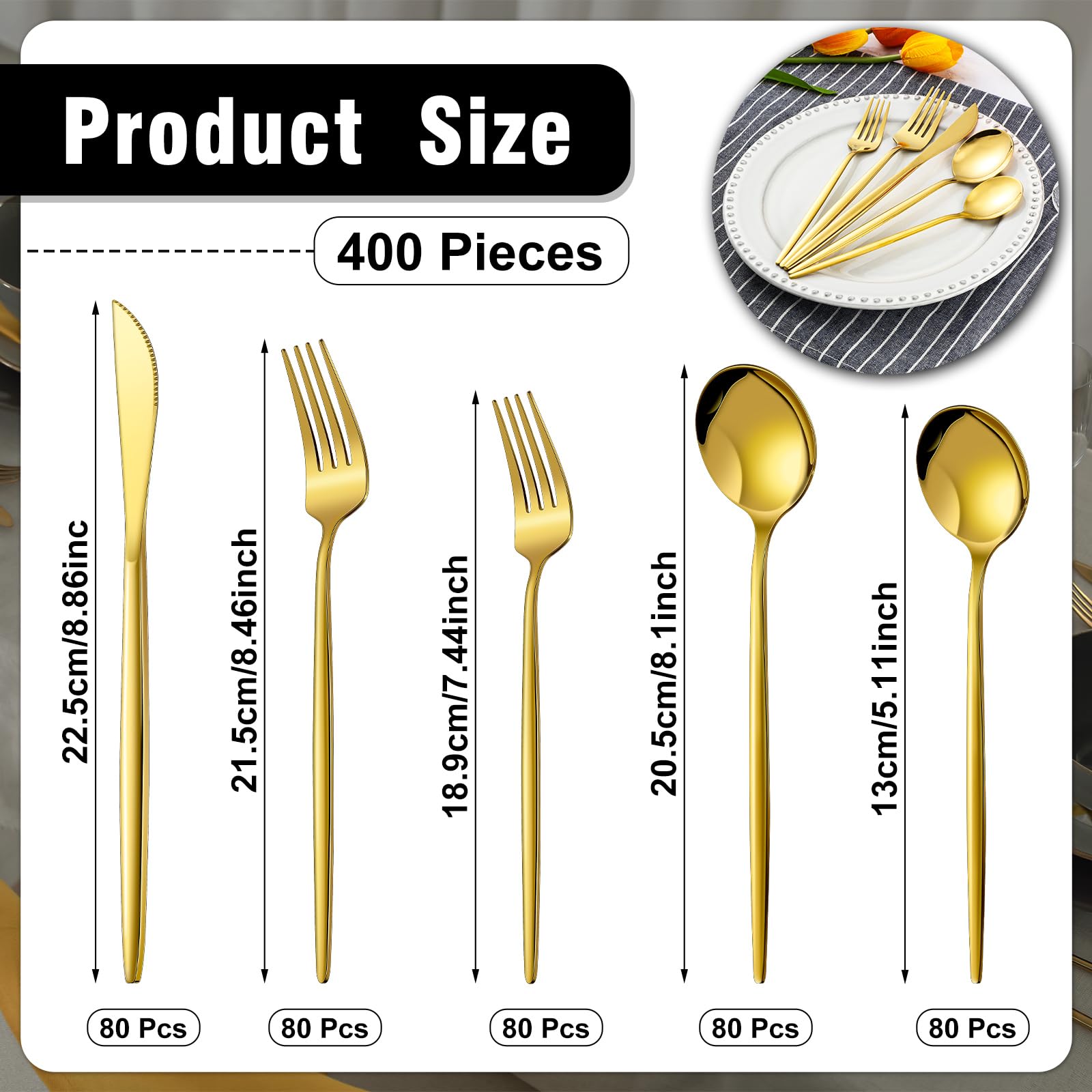 Amyhill 400 Pcs Gold Silverware Set Stainless Steel Flatware Set Portable Gold Utensils Set Reusable Tableware Cutlery Set for Home Restaurant Apartment and Kitchen Service 80