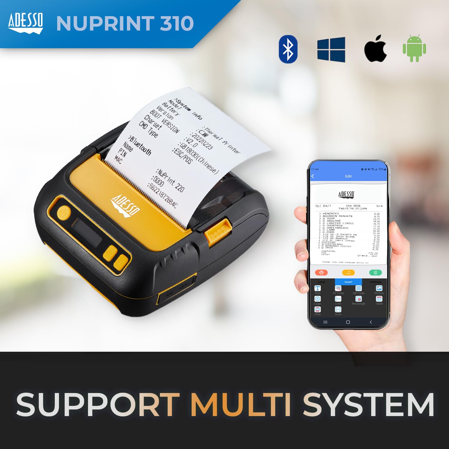 Adesso 3" 80mm Portable Bluetooth Thermal Printer - High-Speed 90mm/s, Compatible with Android, iOS, Windows - Anti-Drop, Shockproof, Water-Resistant NuPrint 320B