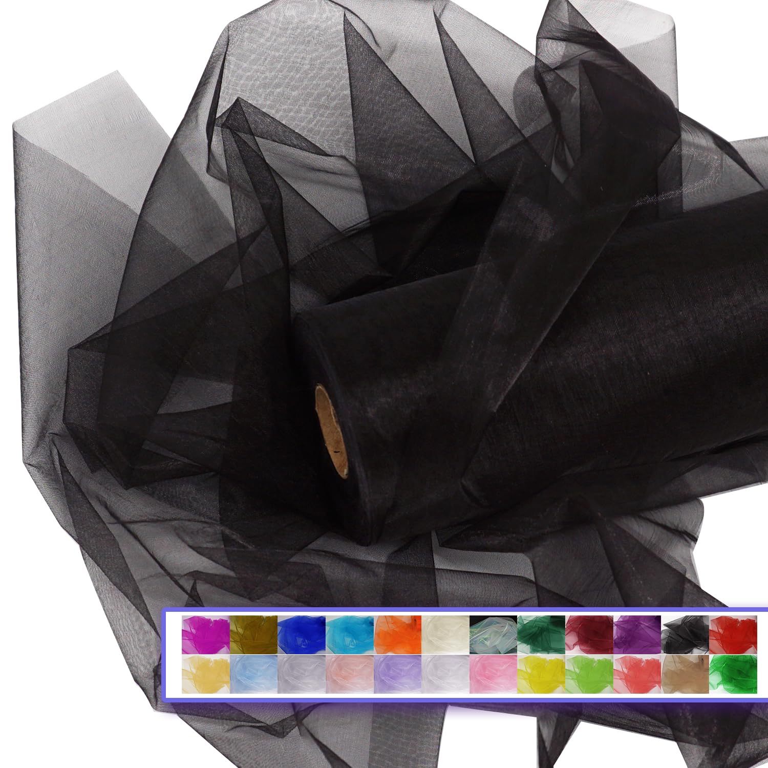 Black Organza Tulle Fabric Rolls, Crystal Organza 12" by 50 Yards (150 ft) Sheer Nylon Silky Shiny Netting Spool Bolt for DIY Craft Table Runner Wedding Baby Shower Party Decor (Black)