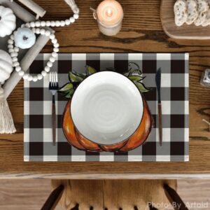 Artoid Mode Buffalo Plaid Pumpkin Fall Placemats Set of 4, 12x18 Inch Seasonal Autumn Table Mats for Party Kitchen Dining Decoration