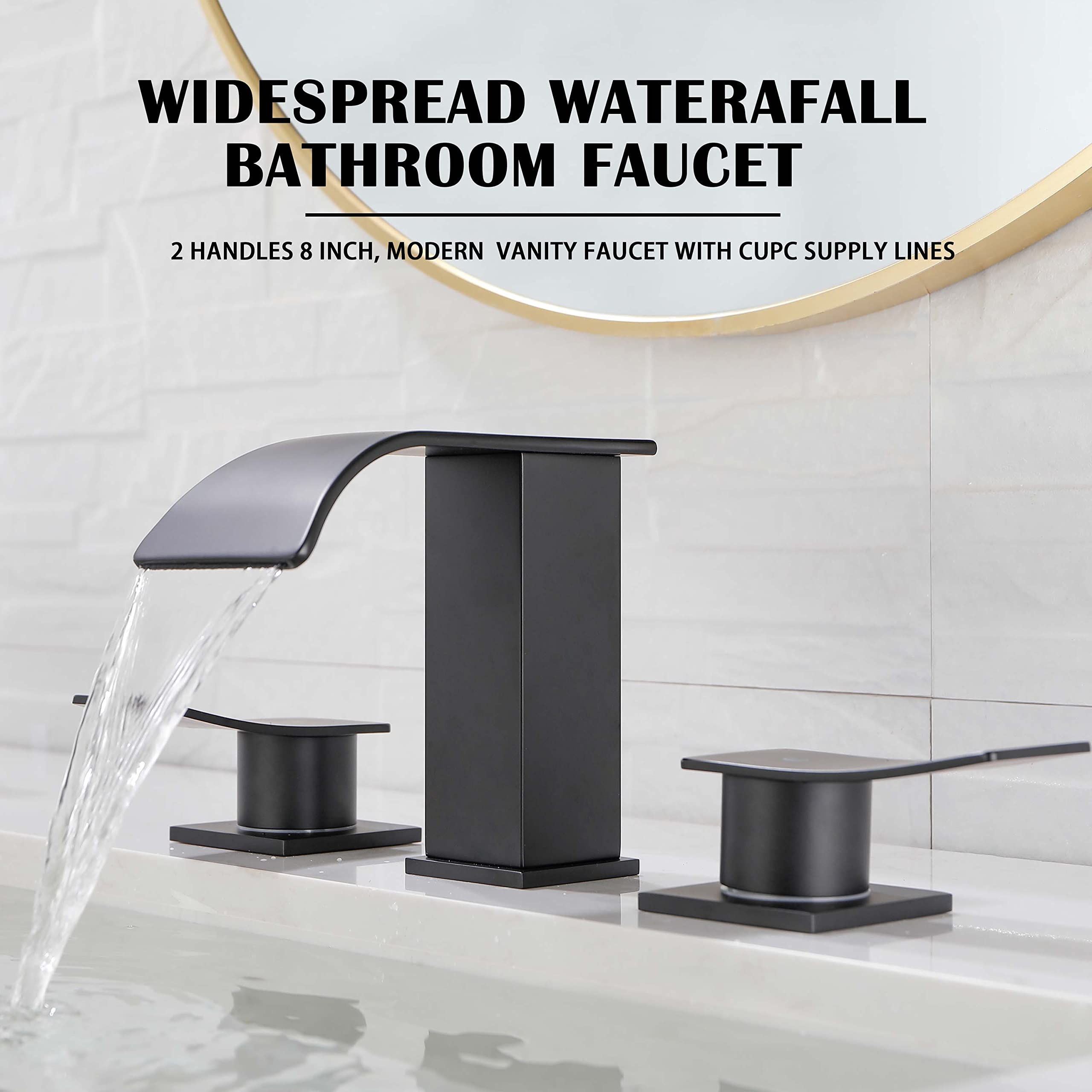 Black Waterfall Bathroom Faucets for Sink 3 Hole - Bathroom Faucet with Pop-up Drain Assembly, 8 Inch Widespread Bathroom Sink Faucet 2-Handles, Matte Black Lavatory Vanity Faucet with Supply Lines