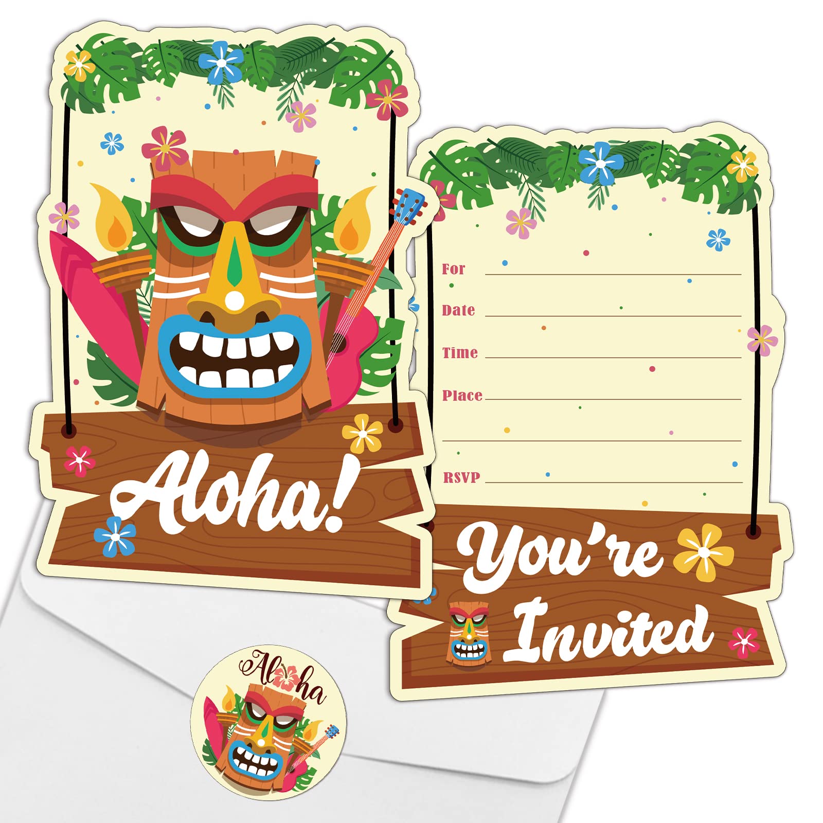 REWIDPARTY Aloha Luau Party Invitations with Envelopes & Stickers（Set of 15） Tiki Luau Shaped Fill-in Invitations Hawaiian Summer Party Invites Cards Tropical Hawaiian Beach Birthday Party Supplies