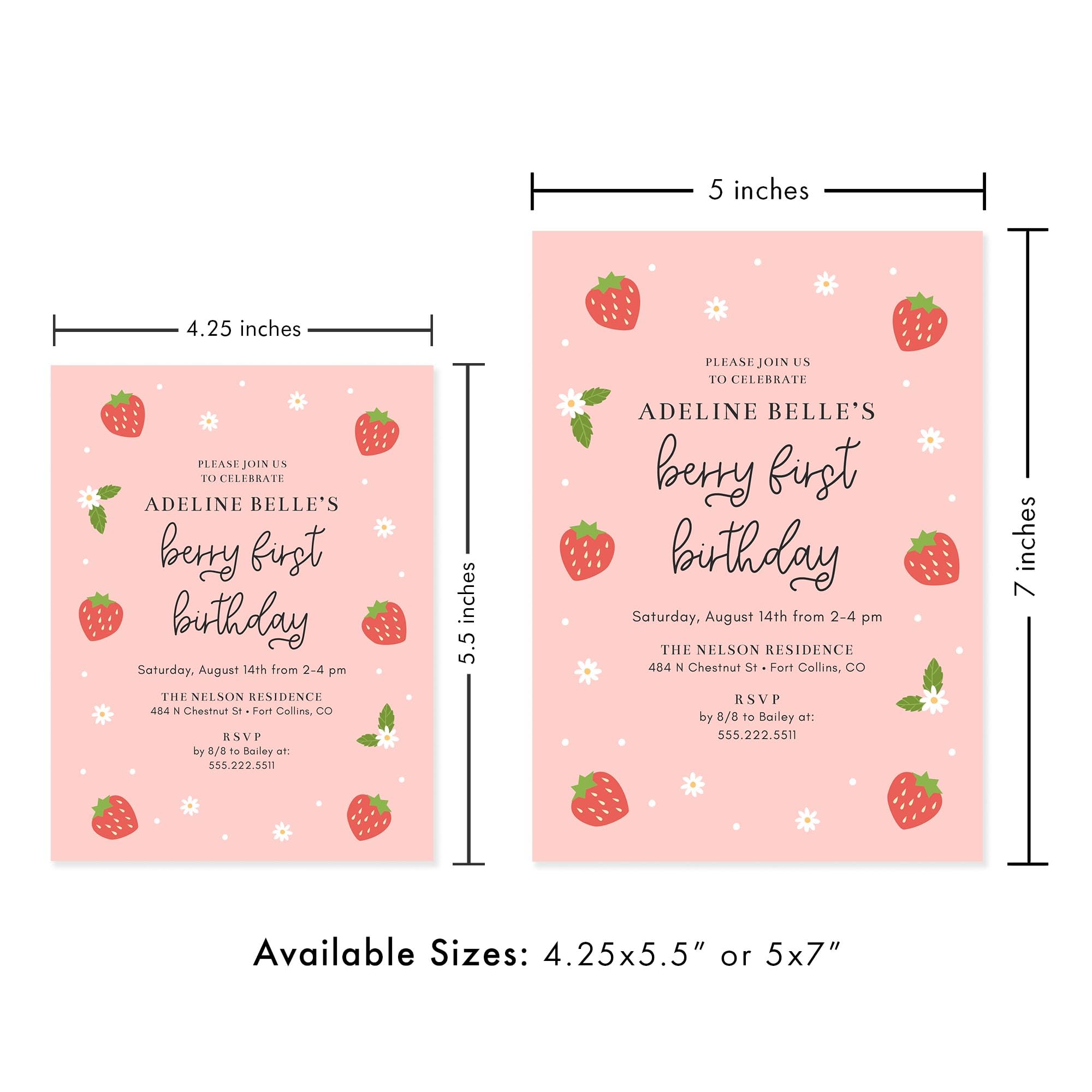 Hello Love Goods Berry First Birthday Party Invitations, 4.25x5.5 or 5x7 Personalized Strawberry 1st Birthday Invites with Envelopes