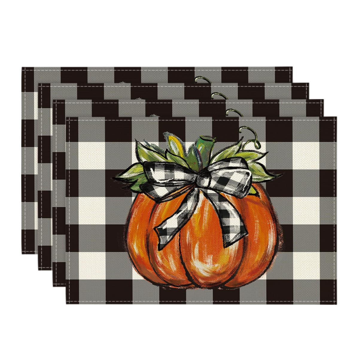 Artoid Mode Buffalo Plaid Pumpkin Fall Placemats Set of 4, 12x18 Inch Seasonal Autumn Table Mats for Party Kitchen Dining Decoration