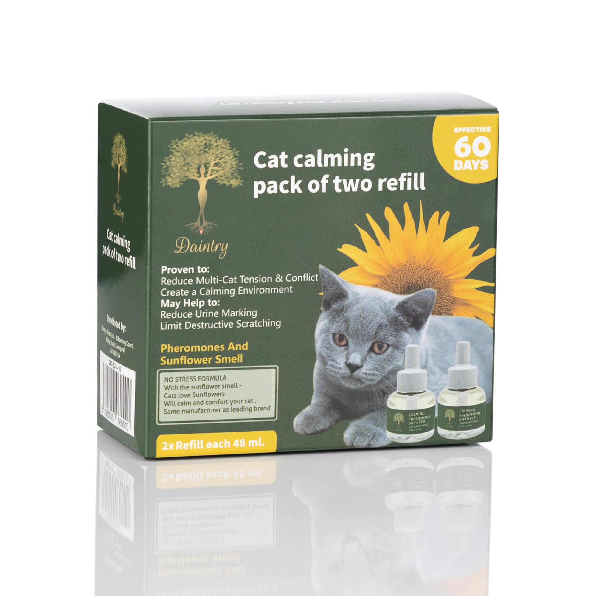 Daintry Cat Calming Diffuser with Feline Pheromones, Sunflower Scent, Stress & Anxiety Relief for Cats, 30-Day 2 x 48 ml Refills, Easy Plug-in Solution for Calming. Diffuser not Include