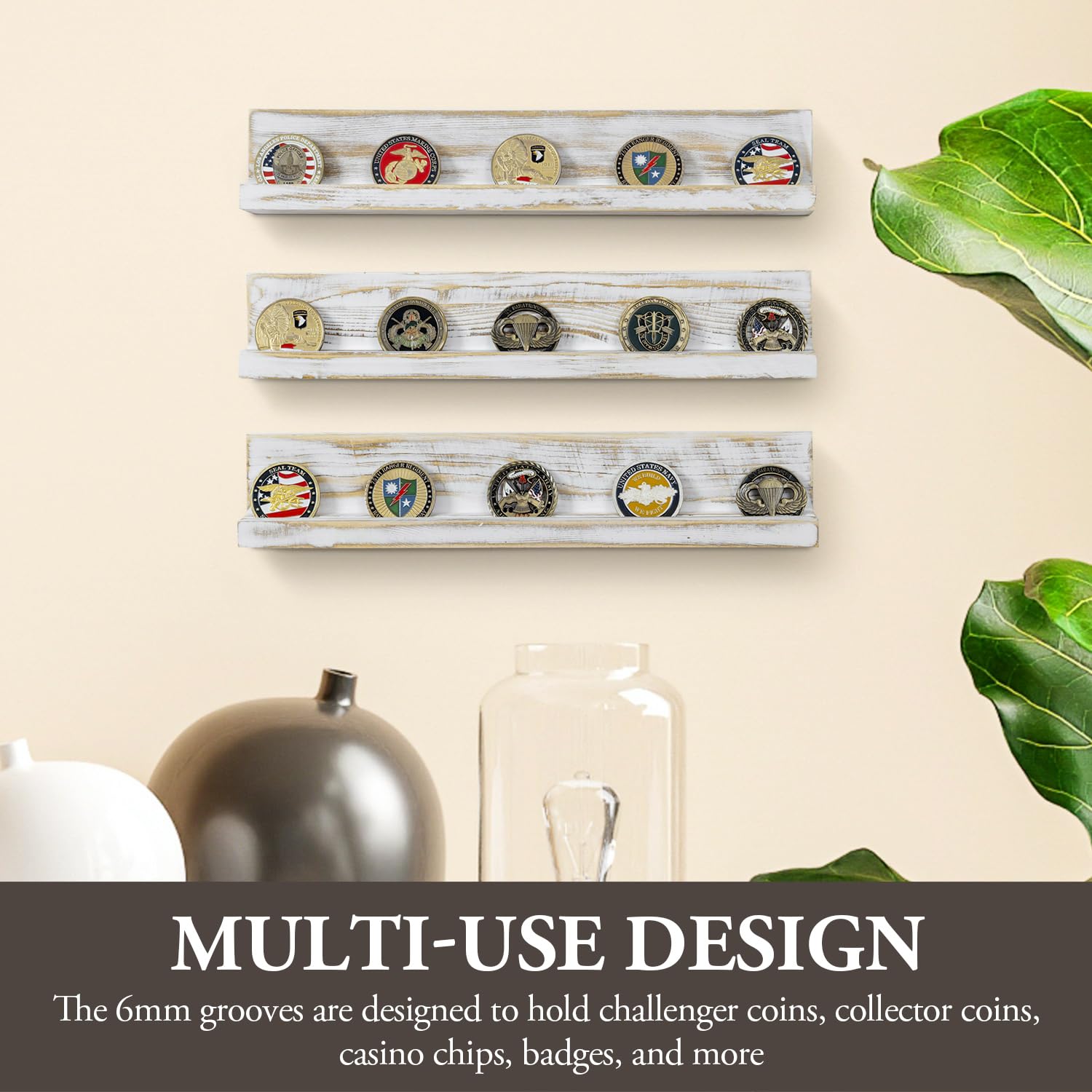 MyGift Wall Mounted White Washed Solid Wood Challenge Coin Holder, Casino Chip Collectors Display Rack, Single Row Military Coins Collection Shelf, Set of 3