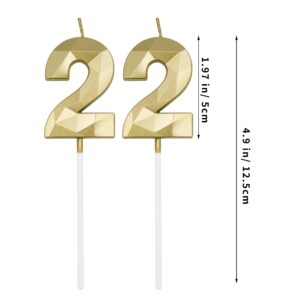 22nd Birthday Candles for Cake, Gold Number 22 3D Diamond Shaped Candle Birthday Decorations Party Supplies for Girls, Boys, Women or Men