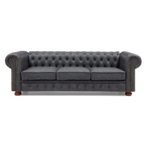 chesterfield 3 seater faux leather sofa, button tufted upholstered couch with nailhead arms removable cushions rubber wood legs for living room office apartment (dark gray)