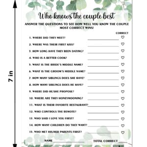 RokAPary Eucalyptus Who Knows The Couple Best, Wedding, Bridal Shower, Bachelorette or Engagement Party Game, Couples Guessing Play Pack of 50 Cards 5”x7” Made in USA