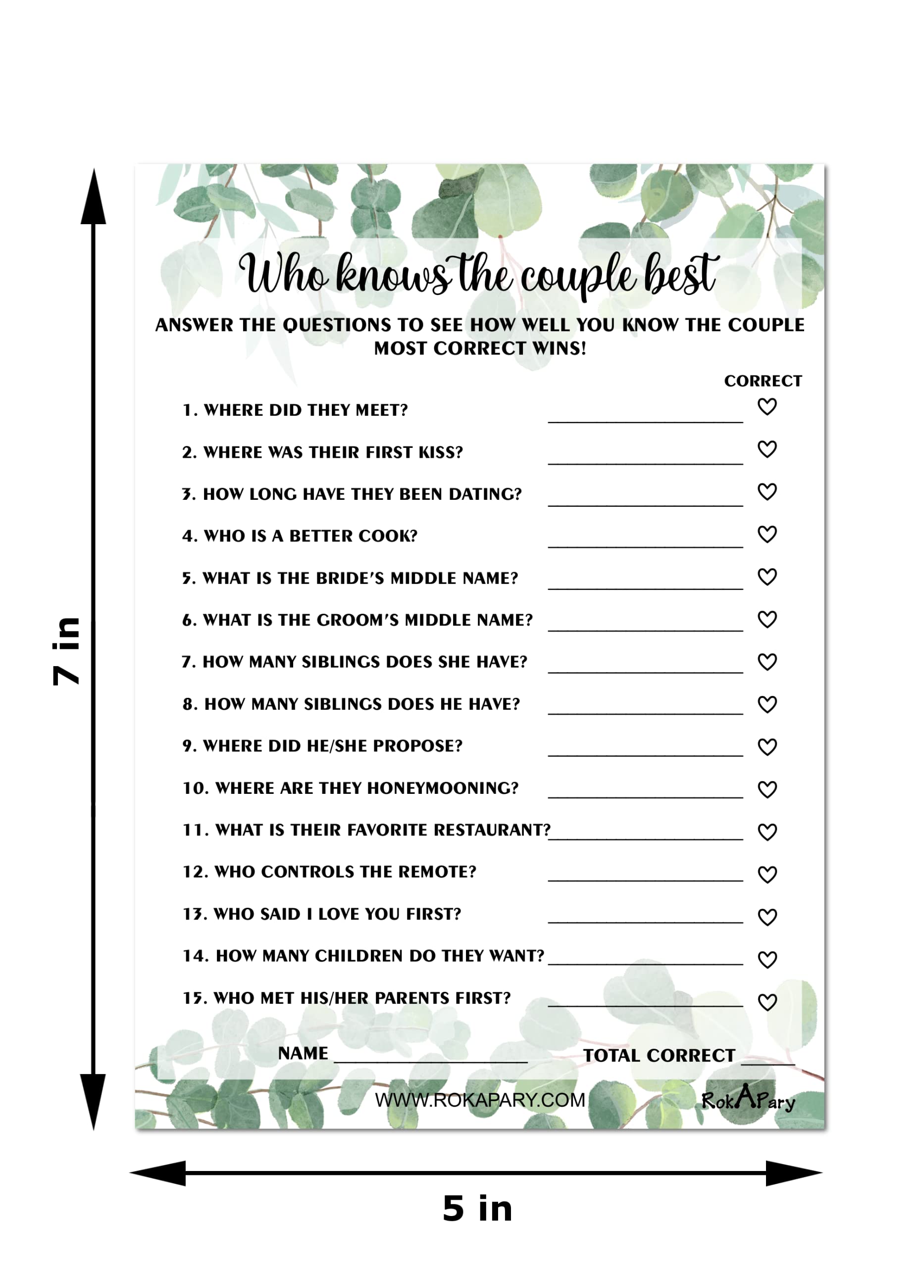 RokAPary Eucalyptus Who Knows The Couple Best, Wedding, Bridal Shower, Bachelorette or Engagement Party Game, Couples Guessing Play Pack of 50 Cards 5”x7” Made in USA