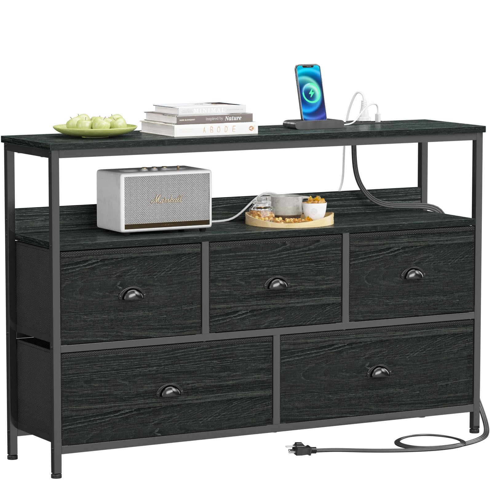 Furologee Console Sofa Table with Power Outlet, Long 45" TV Stand with 5 Drawers, Entertainment Center with Storage for 55'' TV, Entryway Table for Bedroom, Living Room, Hallway, Black Oak