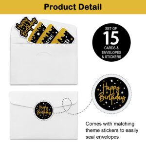 REWIDPARTY Black Gold Birthday Party Invitations with Envelopes & Stickers（Set of 15） Birthday Cake Shaped Fill-in Invitations Happy Birthday Invites Cards Birthday Party Supplies for Kids Adults