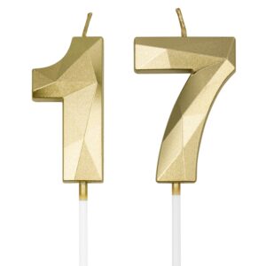 17th & 71st birthday candles for cake, gold number 17 71 3d diamond shaped candle birthday decorations party supplies for girls, boys, women or men