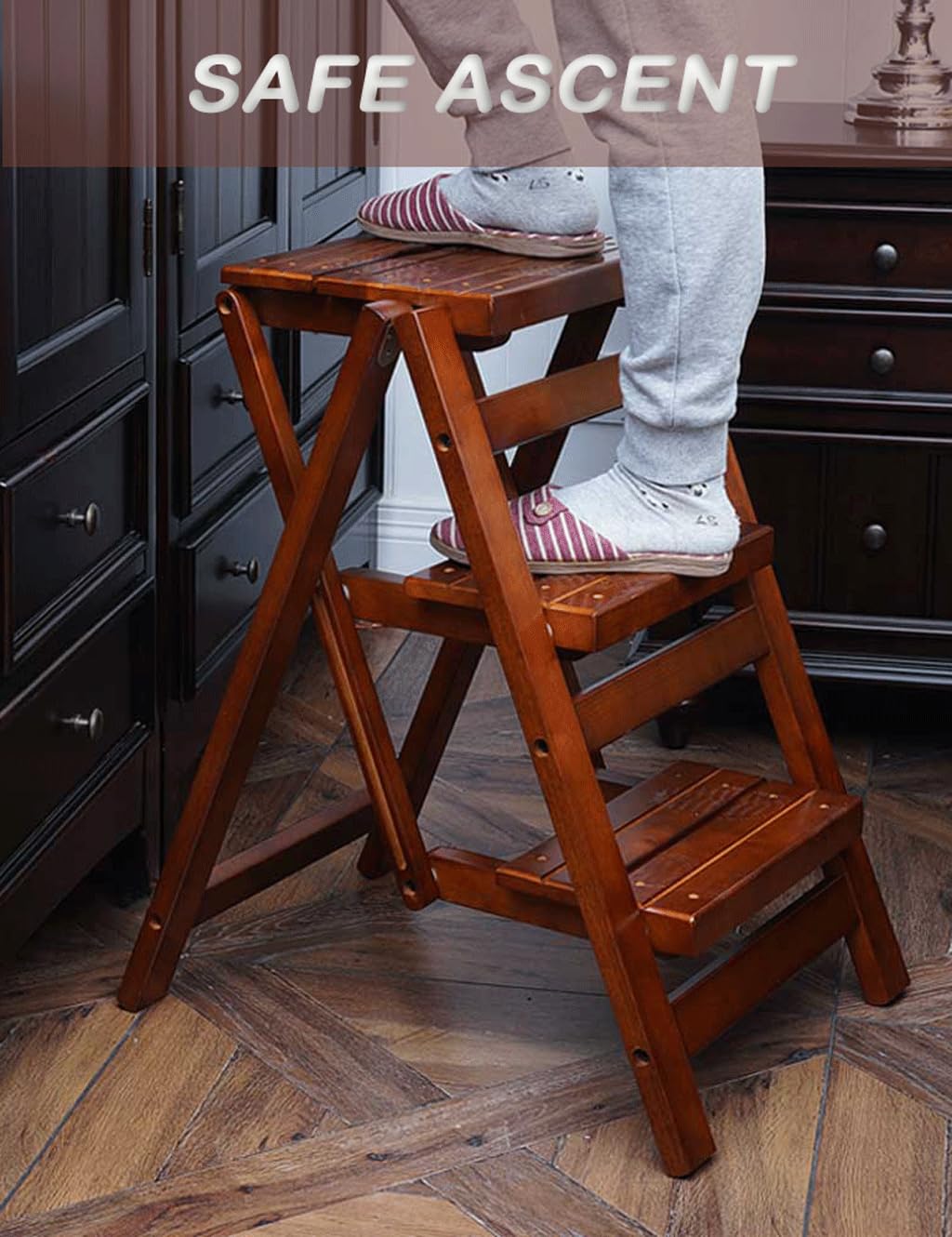 Step Stool for Adults/Step Ladder/Counter Chair, Step Folding Portable Wooden Step Stool, Anti-Slip & Lightweight(Size:Walnut 4 layers)