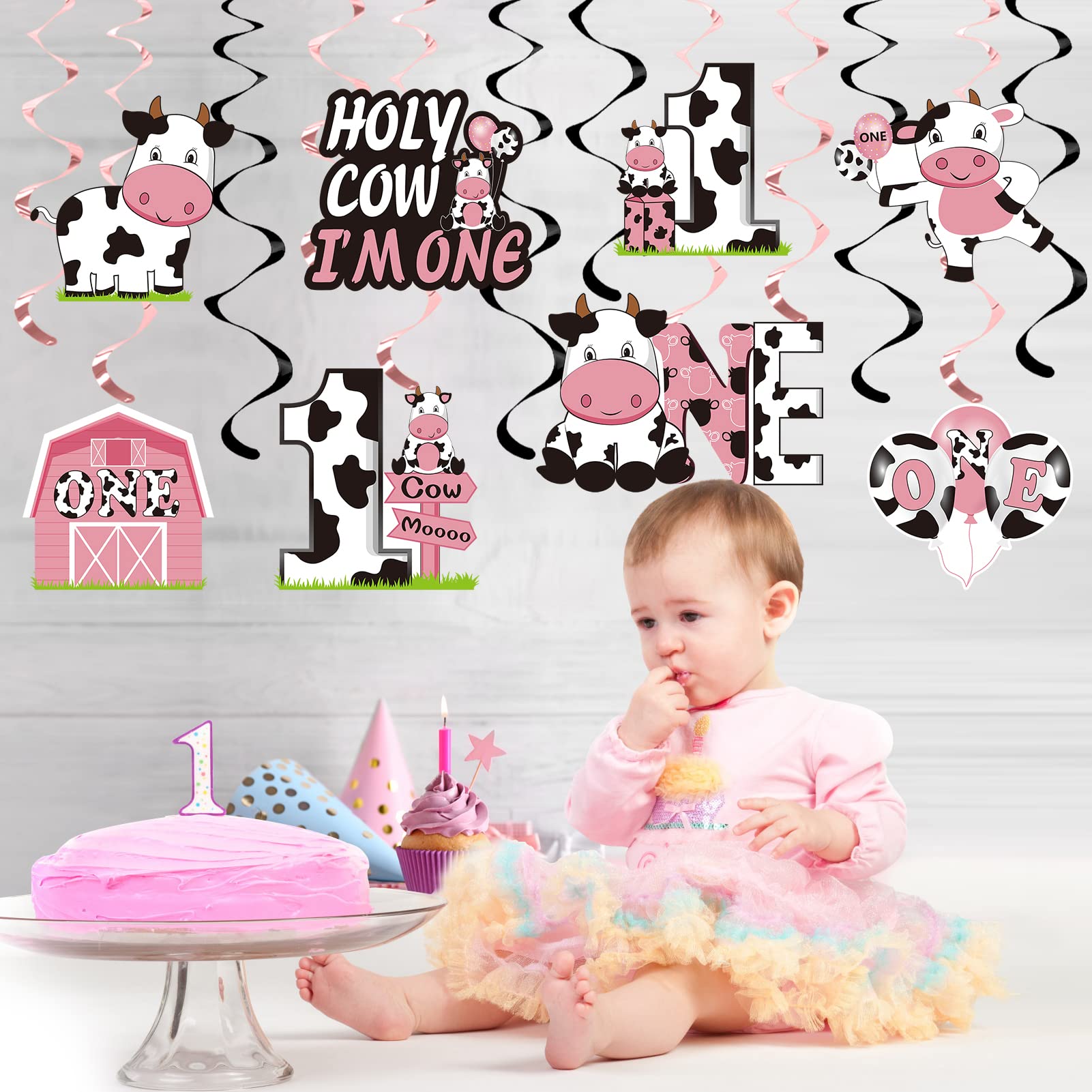 Holy Cow Im One Birthday Decorations Hanging Swirl for Baby Girl, Pink Cow First Birthday Foil Swirls Party Supplies, Baby 1st Bday Cow Theme Ceiling Hanging Sign