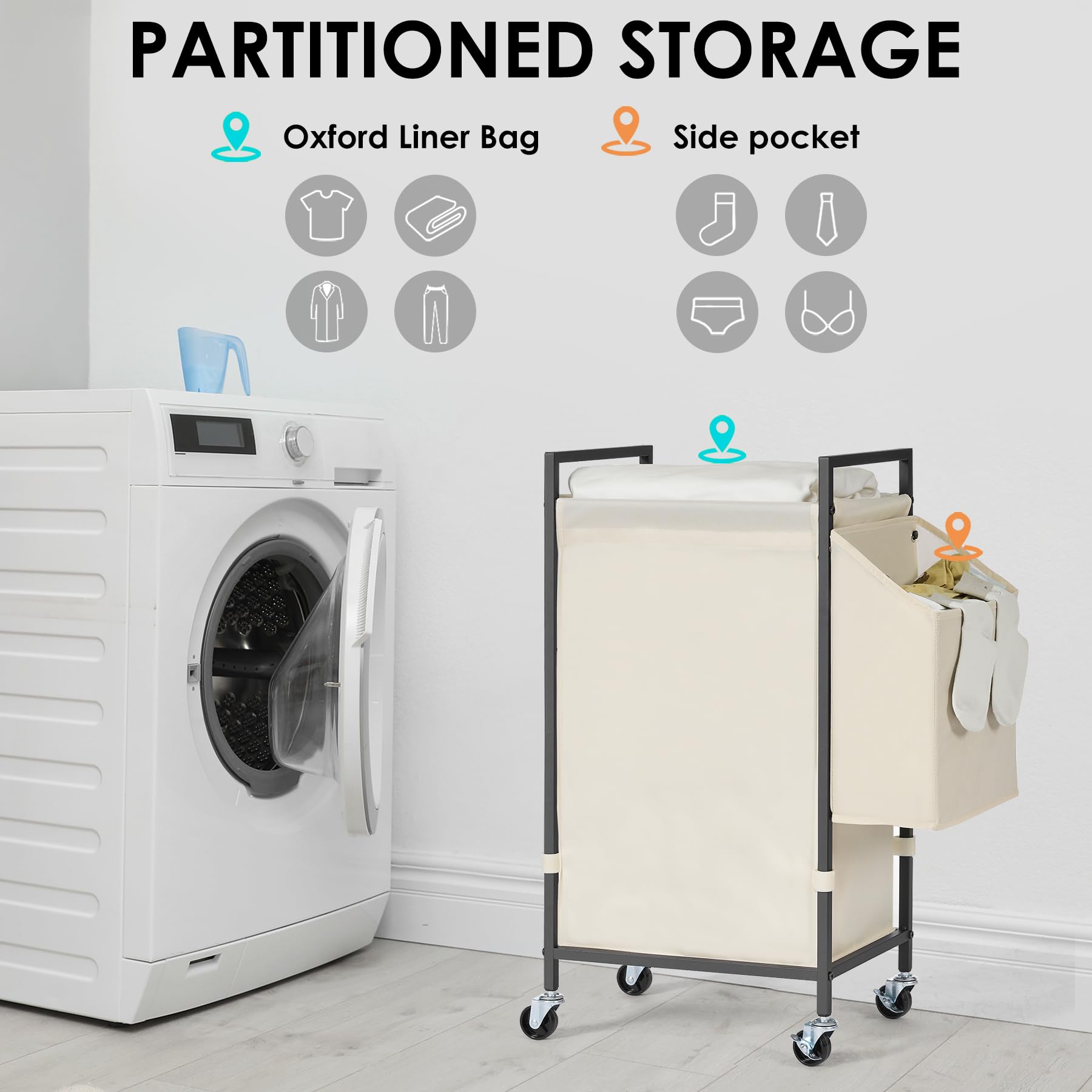 Laundry Hamper with Rustic Brown Lid & Wheels; 96L Large Rolling Laundry Basket with Removable Oxford Liner Bag; Tall Freestanding Dirty Clothes Hamper with Side Pocket; Metal Frame Laundry Cart