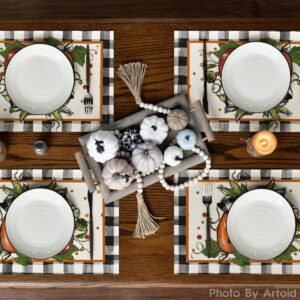 Artoid Mode Pumpkin Buffalo Plaid Fall Placemats Set of 4, 12x18 Inch Seasonal Autumn Table Mats for Outdoor Home Party Dining Decoration