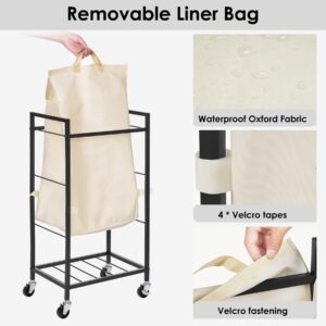 Laundry Hamper with Rustic Brown Lid & Wheels; 96L Large Rolling Laundry Basket with Removable Oxford Liner Bag; Tall Freestanding Dirty Clothes Hamper with Side Pocket; Metal Frame Laundry Cart