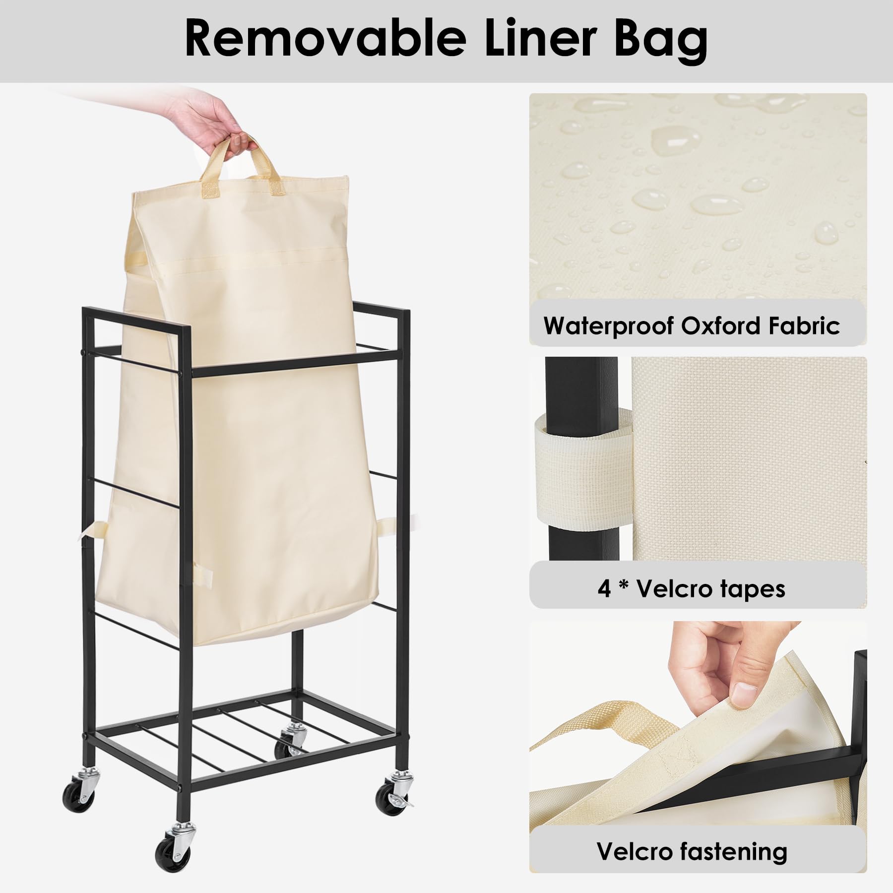 Laundry Hamper with Rustic Brown Lid & Wheels; 96L Large Rolling Laundry Basket with Removable Oxford Liner Bag; Tall Freestanding Dirty Clothes Hamper with Side Pocket; Metal Frame Laundry Cart