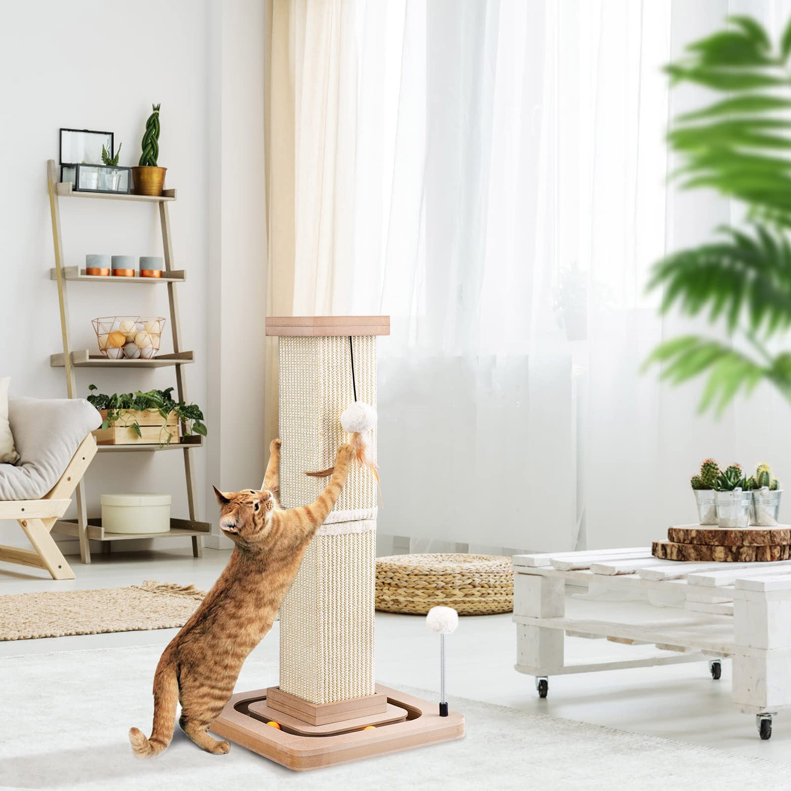 LIFLIX 27" Cat Scratching Post, Sisal Cat Scratcher with Interactive Track Balls and Hanging Balls, Vertical Scratching Posts for Indoor Cats and Kittens