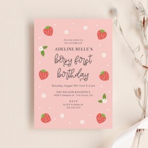 Hello Love Goods Berry First Birthday Party Invitations, 4.25x5.5 or 5x7 Personalized Strawberry 1st Birthday Invites with Envelopes